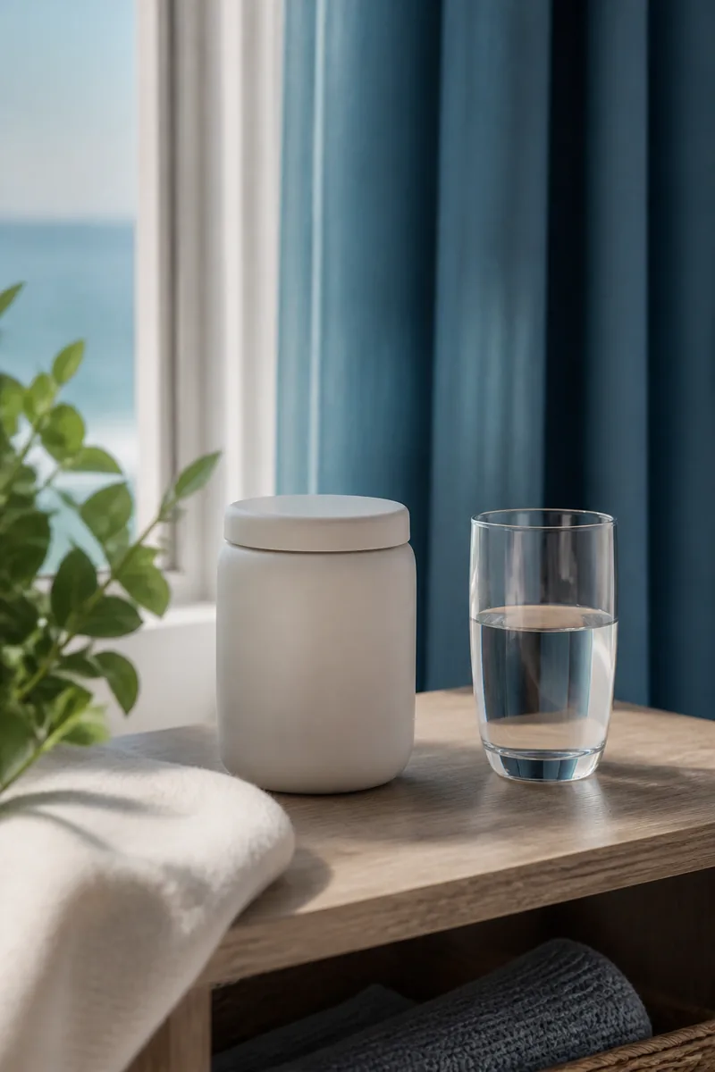 Calm wellness interior with jar and glass of water by a window